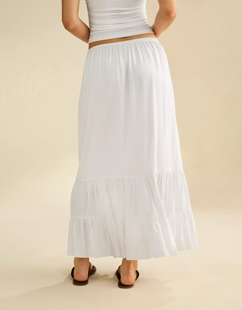 Fresh White Mid-Rise Drawstring Tiered Ruffle Viscose Maxi Skirt