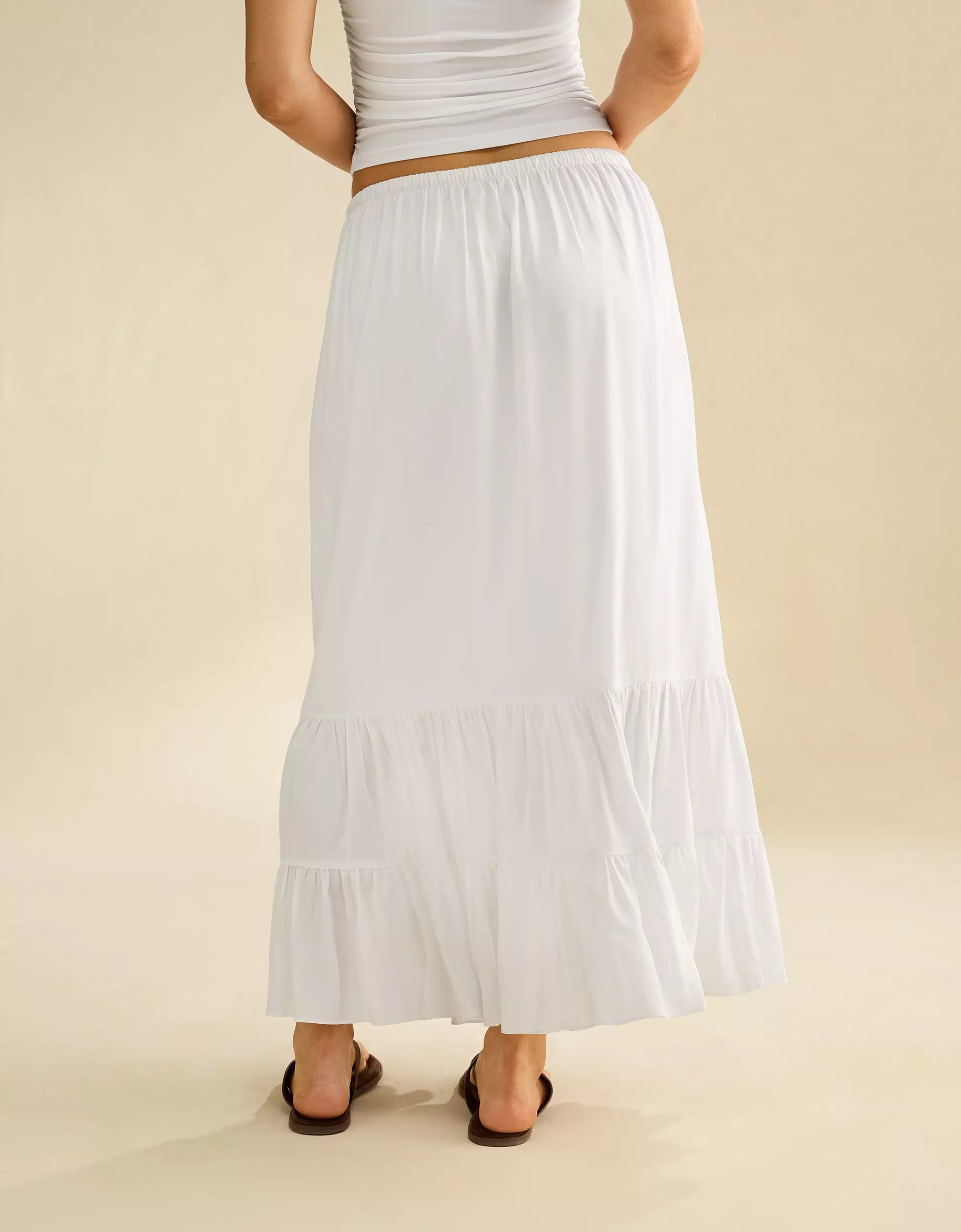 Fresh White Mid-Rise Drawstring Tiered Ruffle Viscose Maxi Skirt
