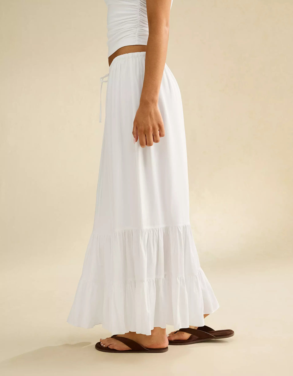 Fresh White Mid-Rise Drawstring Tiered Ruffle Viscose Maxi Skirt