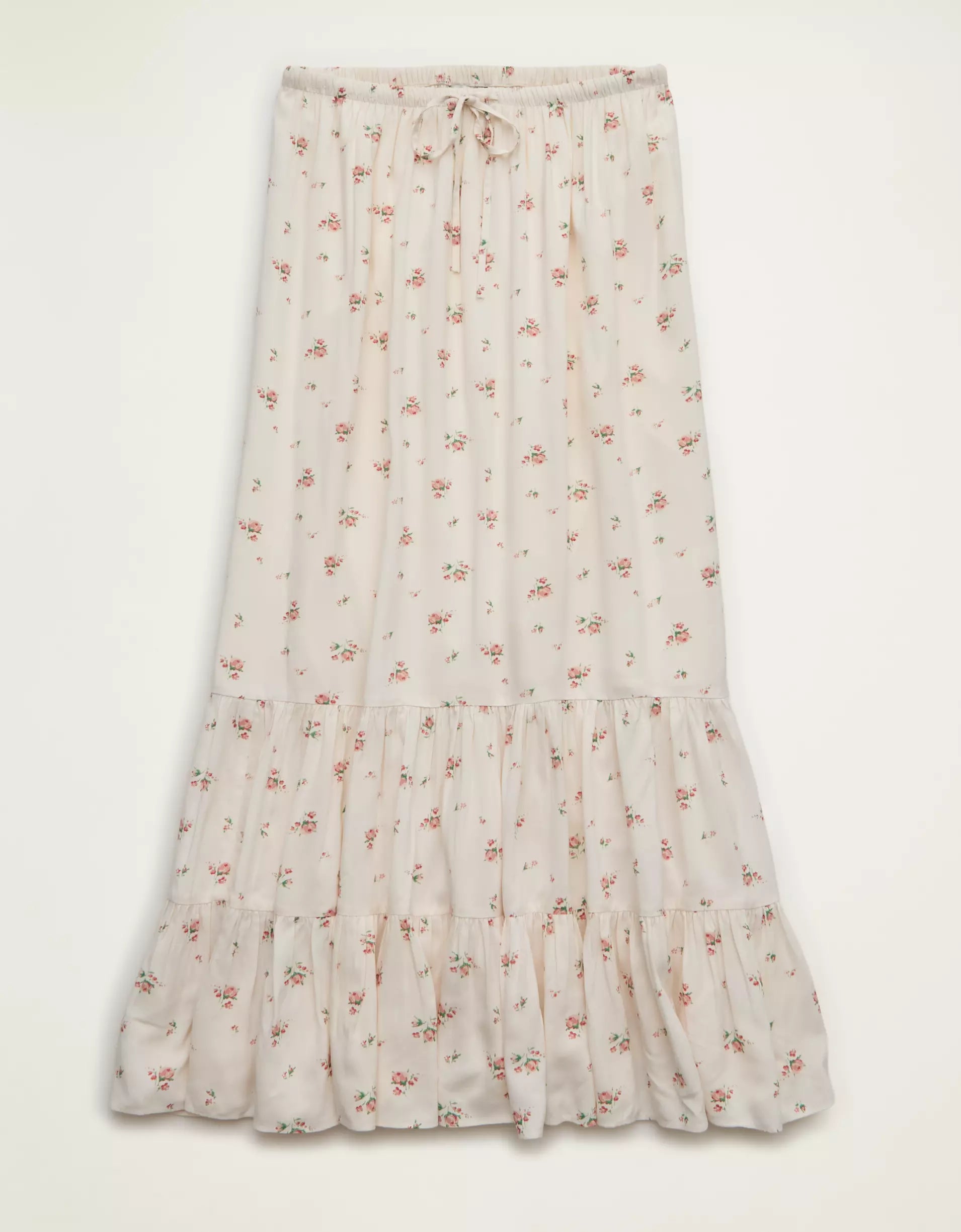 Off-White Floral Drawstring Tiered Ruffle Cotton Maxi Skirt