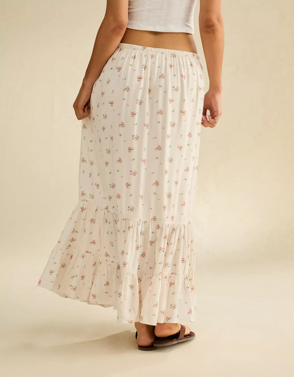 Off-White Floral Drawstring Tiered Ruffle Cotton Maxi Skirt