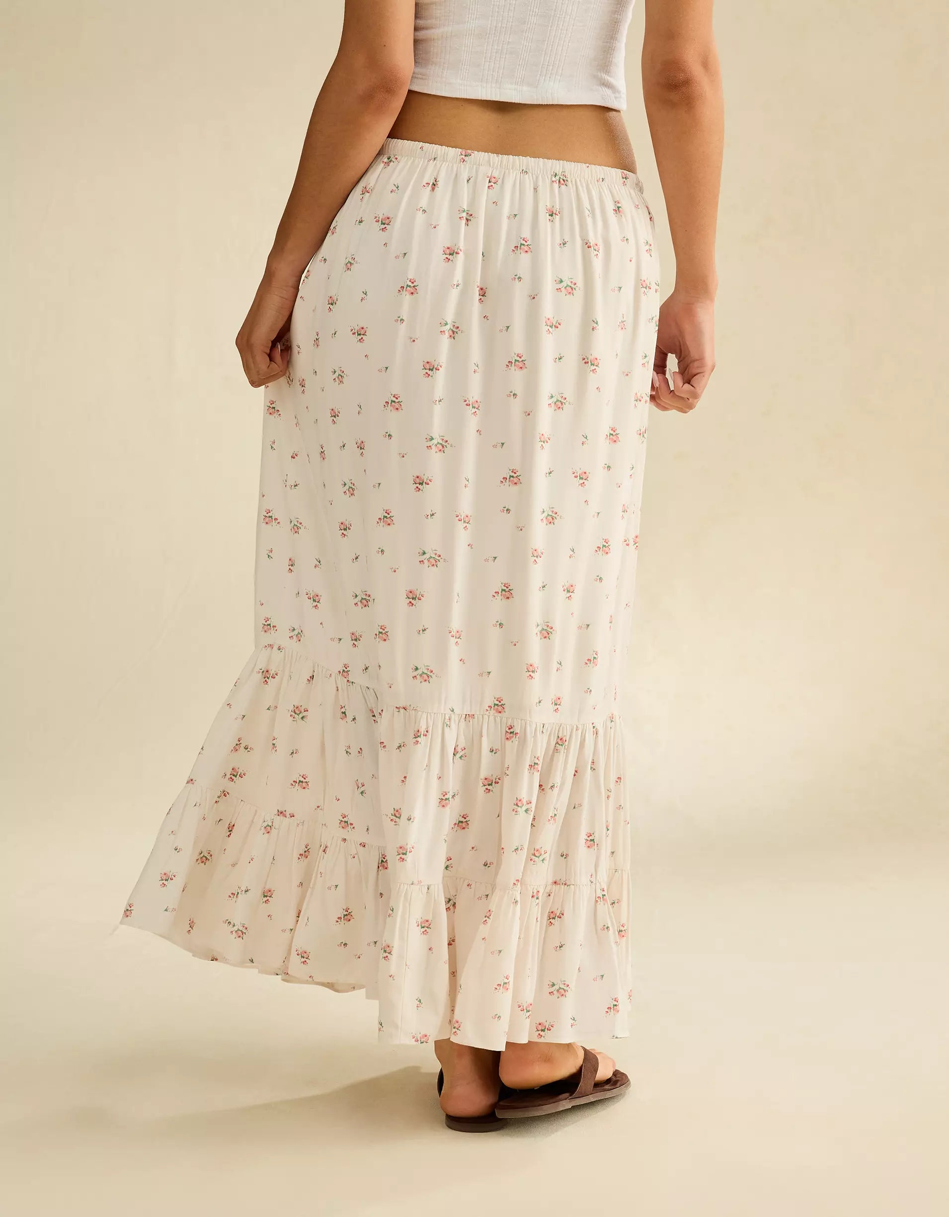 Off-White Floral Drawstring Tiered Ruffle Cotton Maxi Skirt
