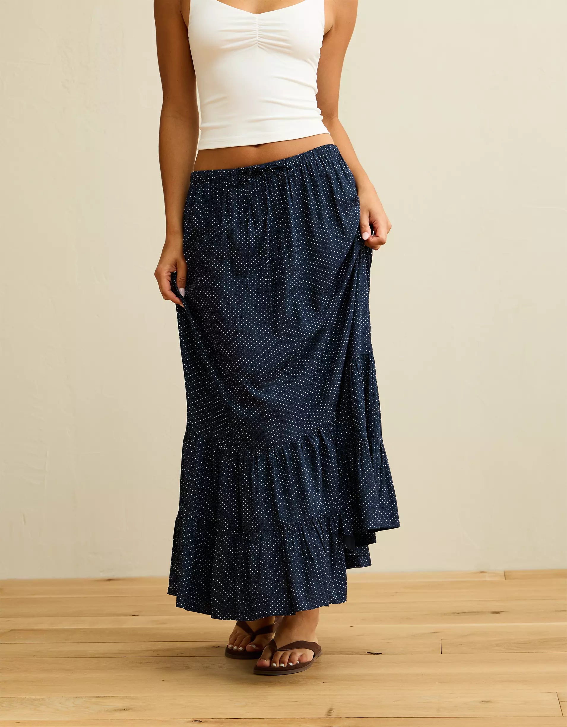 Deep Sea Blue Polka Dot Mid-Rise Drawstring Tiered Ruffle Cotton Maxi Skirt