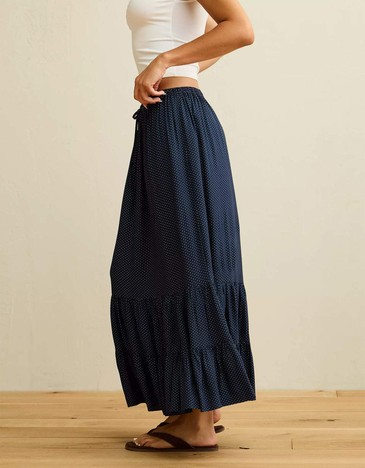Deep Sea Blue Polka Dot Mid-Rise Drawstring Tiered Ruffle Cotton Maxi Skirt