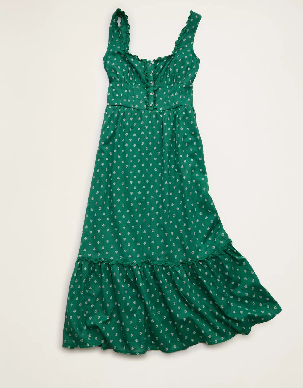 Leaf Green Polka Dot Sweetheart Corset Pintuck Lace Trim Cotton Midi Dress
