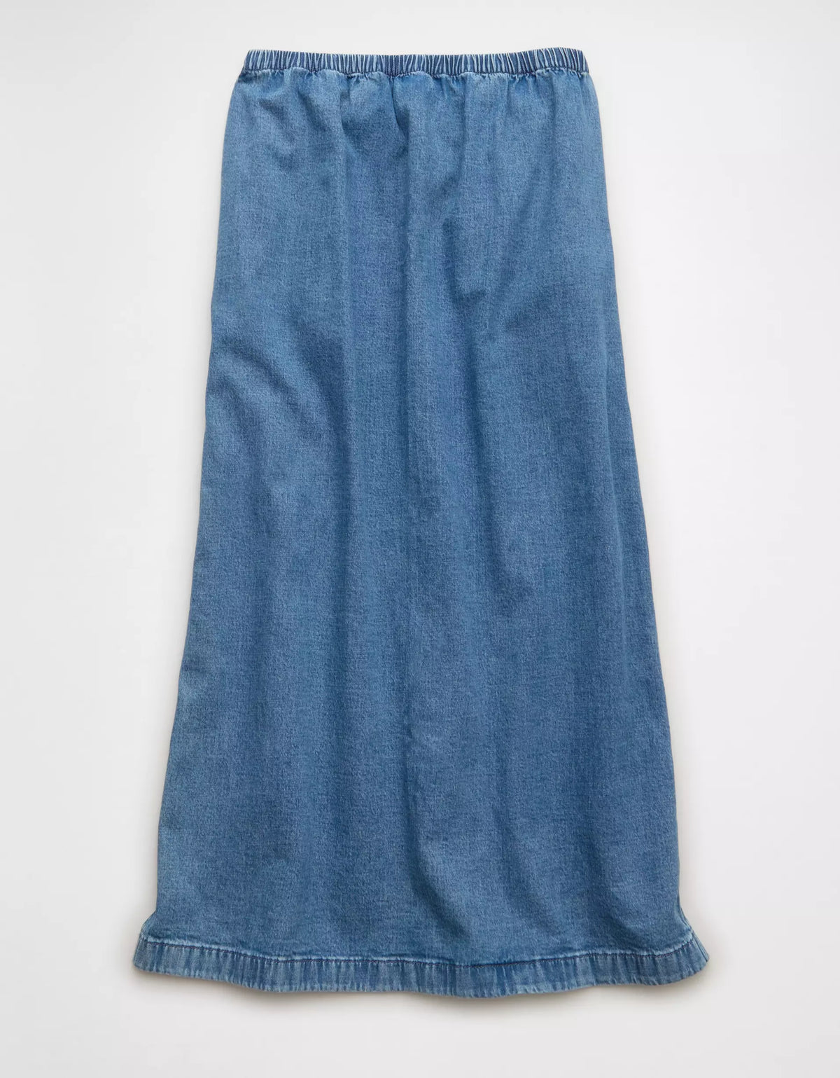 Medium Wash Denim Elastic Drawstring Side Slit Drapey Cotton Maxi Skirt