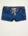 Medium Indigo Wash Super Low-Rise Drawstring Pull-On Denim Shorts