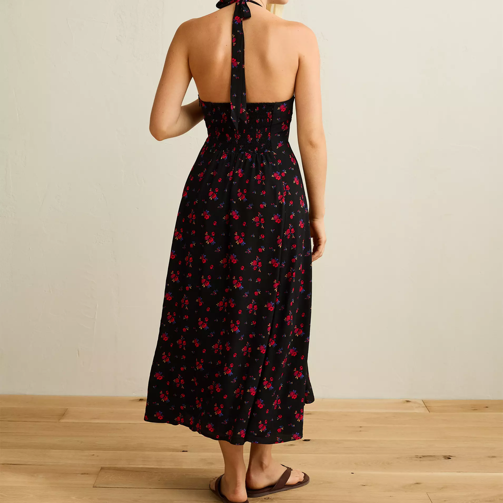 Black Floral V-Neck Halter Corset Flowy Viscose Maxi Dress