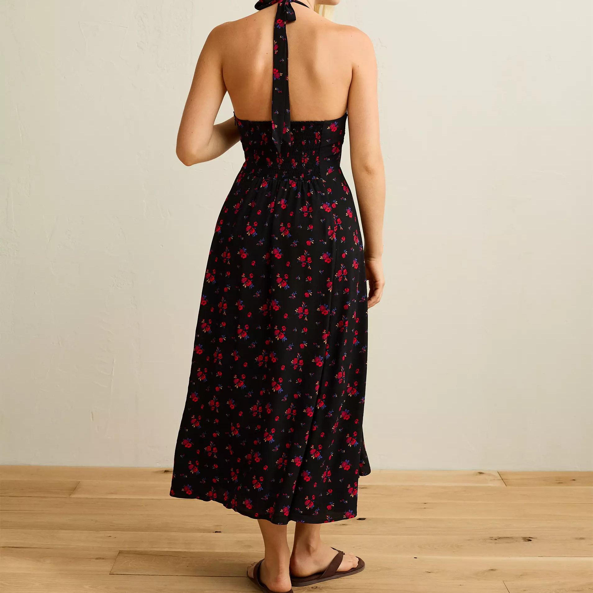 Black Floral V-Neck Halter Corset Flowy Viscose Maxi Dress