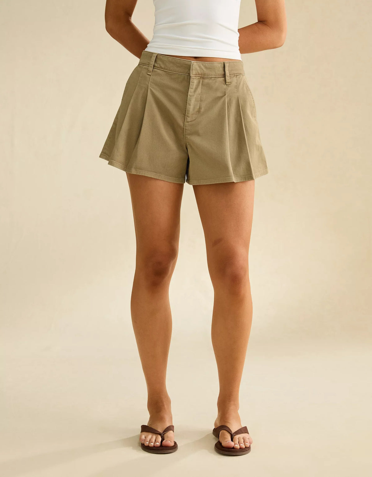 Desert Sand High-Waist Pleated Wide-Leg Stretch Cotton Trouser Shorts