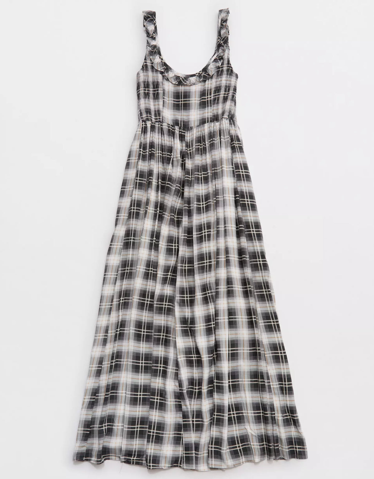 Plaid Ruffle Tie Neck Side Smocked Drapey Rayon Midi Dress