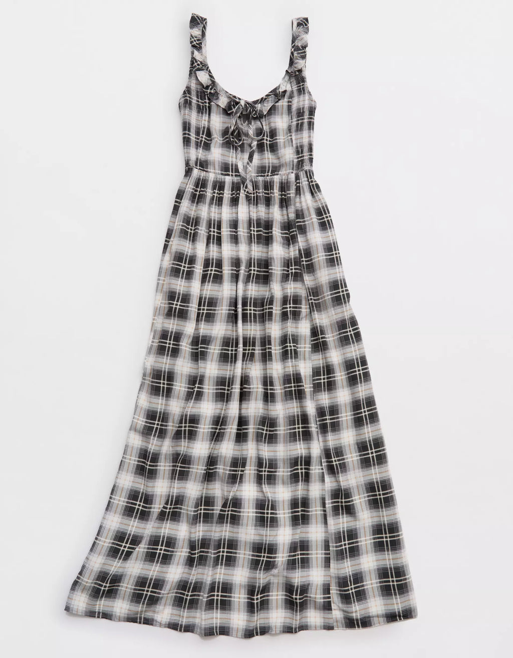 Plaid Ruffle Tie Neck Side Smocked Drapey Rayon Midi Dress
