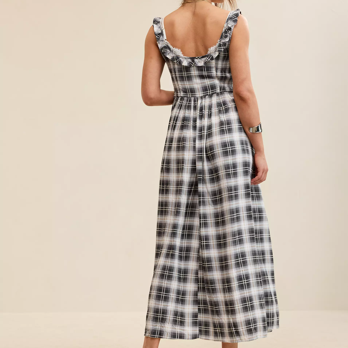 Plaid Ruffle Tie Neck Side Smocked Drapey Rayon Midi Dress
