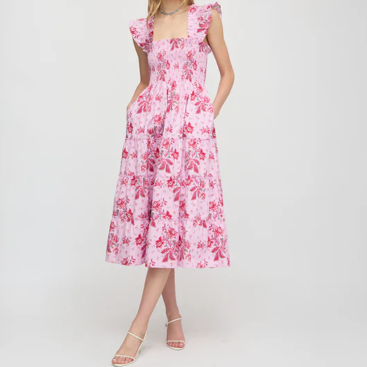 Floral Square Neck Ruffle Shoulder Tiered A-Line Cotton Midi Nap Dress
