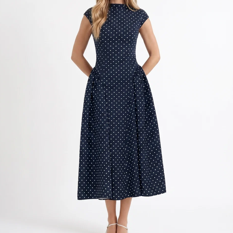 Navy Polka Dot High Neck Cap Sleeve Fit-and-Flare Midi Dress